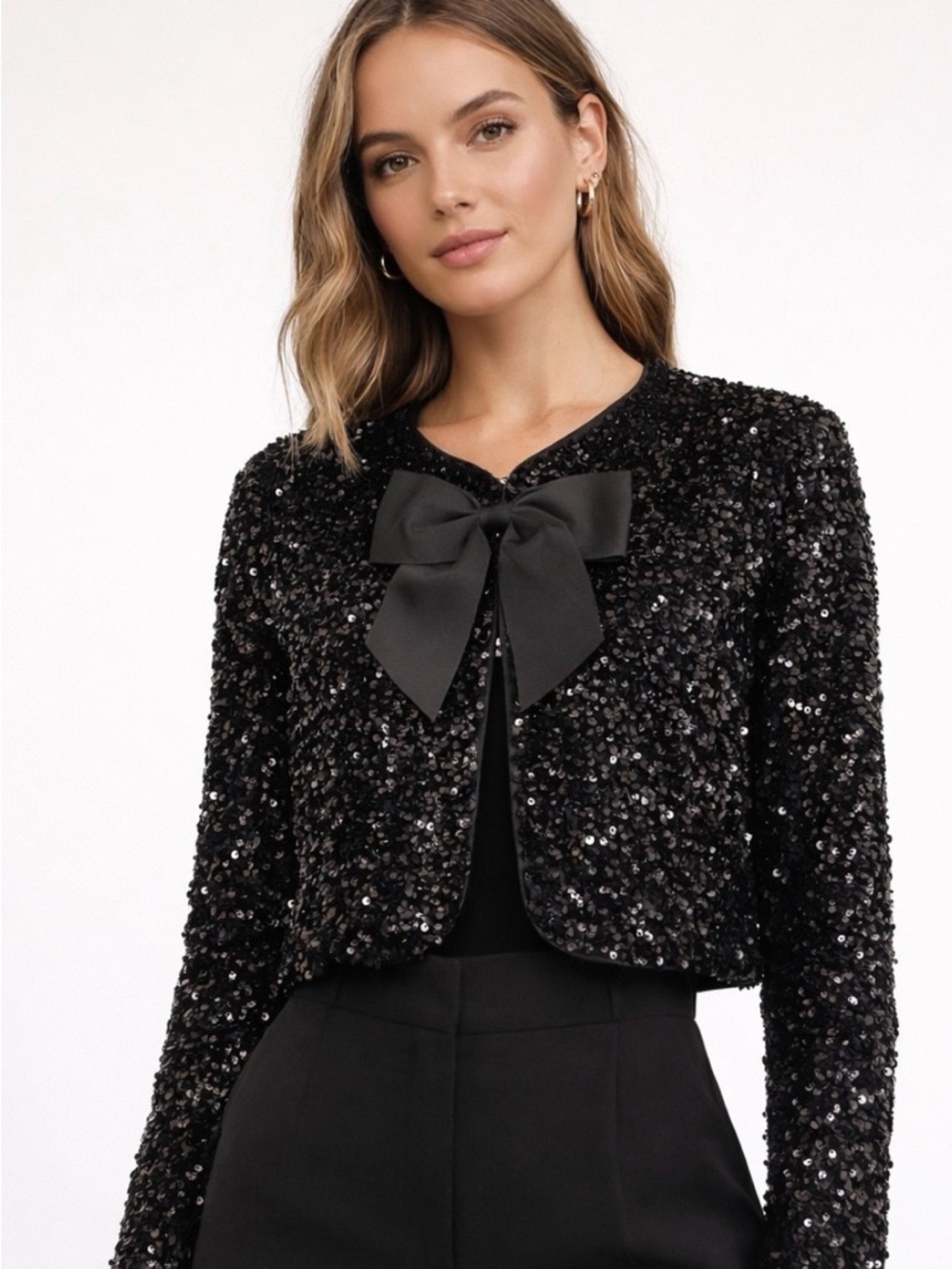 House of Harlow 1960 Black Sequin Bow Cropped Blazer Small